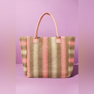 Natural Brown Multi Color Stripe Tote Bag|Bloom Pink
